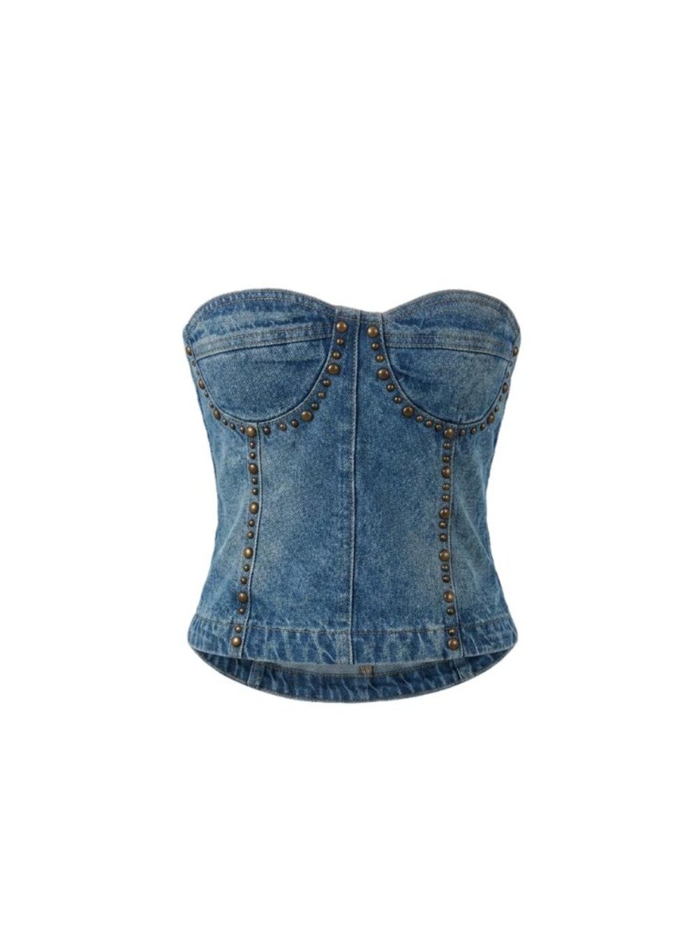Vintage Style Western Studded Washed Denim Lace Up Corset Top Blue Size S